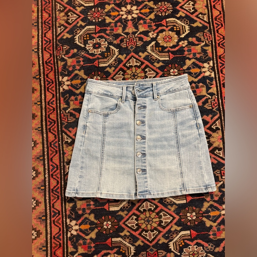 0 American Eagle Super Stretch Hi-Rise A-Line Skirt in Light-Wash Denim